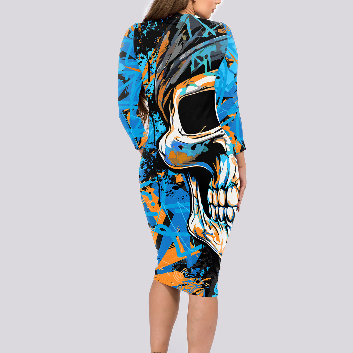 Grafity Skull Long Sleeve Bodycon Dress Street Style Skull Colorful Abstract Art - Wonder Print Shop