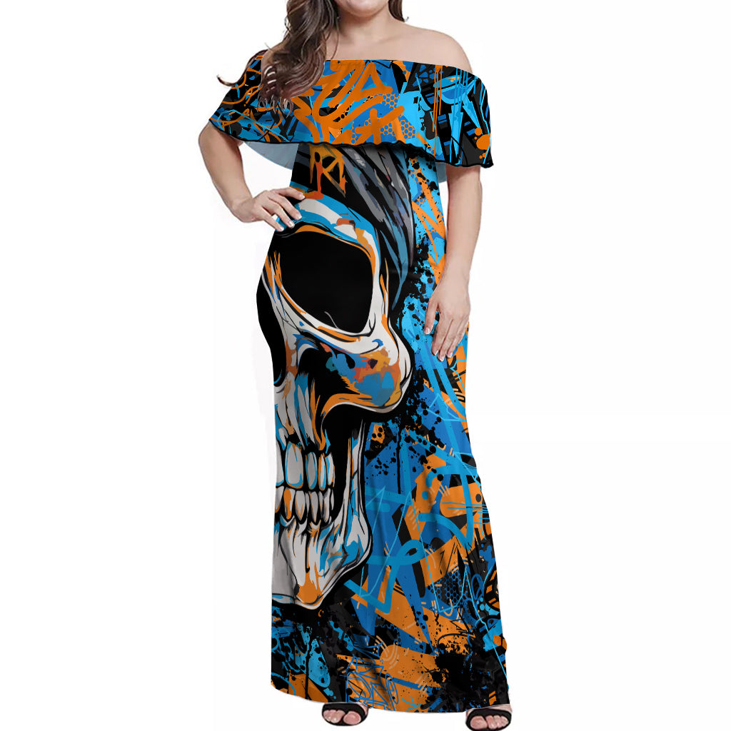 Grafity Skull Off Shoulder Maxi Dress Street Style Skull Colorful Abstract Art - Wonder Print Shop