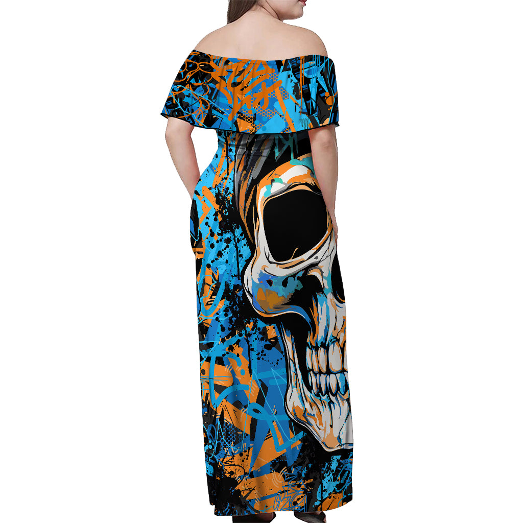 Grafity Skull Off Shoulder Maxi Dress Street Style Skull Colorful Abstract Art - Wonder Print Shop