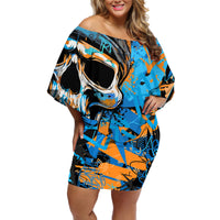 Grafity Skull Off Shoulder Short Dress Street Style Skull Colorful Abstract Art - Wonder Print Shop
