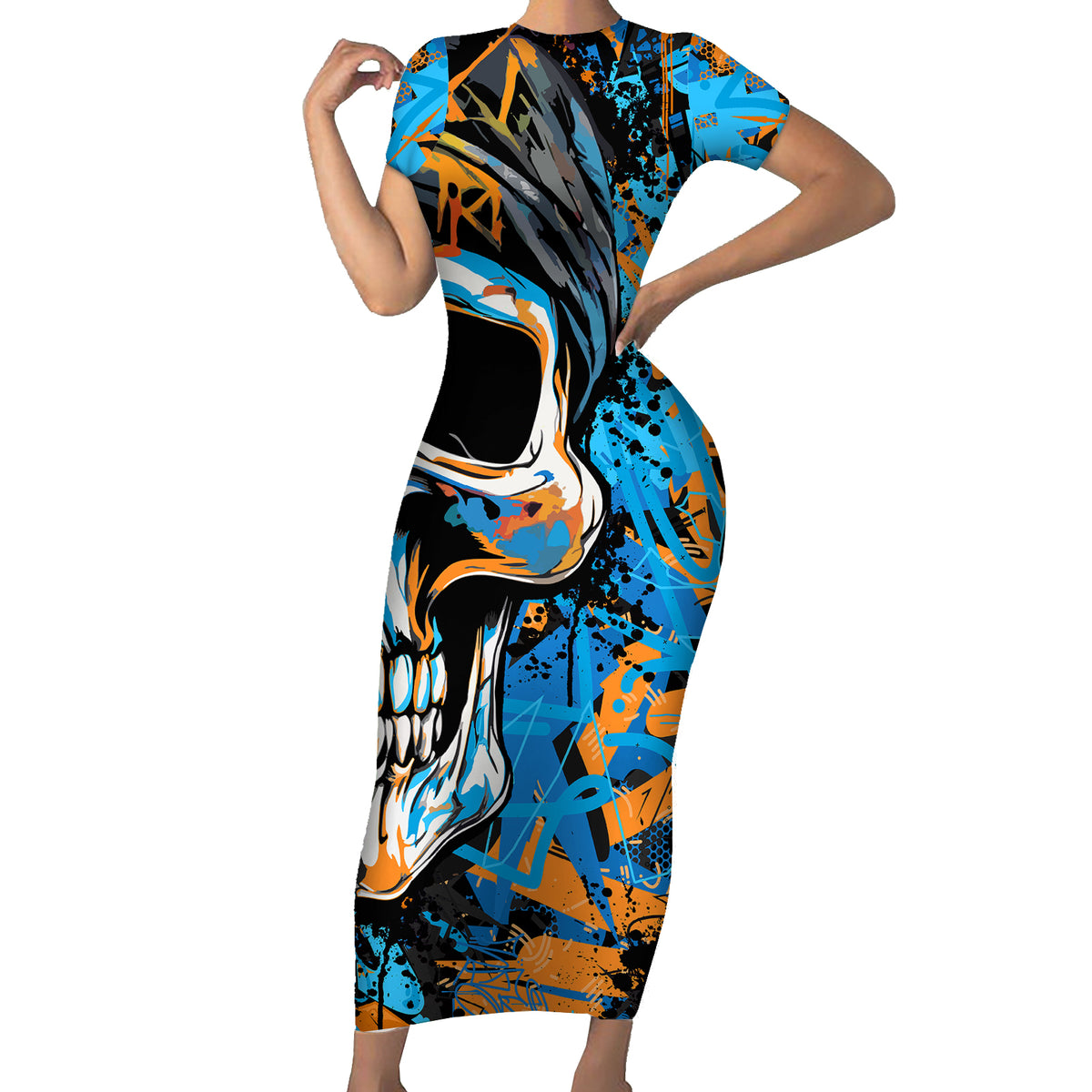Grafity Skull Short Sleeve Bodycon Dress Street Style Skull Colorful Abstract Art - Wonder Print Shop