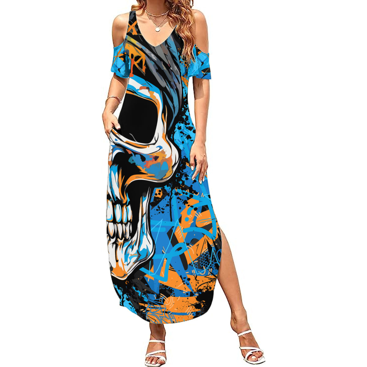 Grafity Skull Summer Maxi Dress Street Style Skull Colorful Abstract Art - Wonder Print Shop