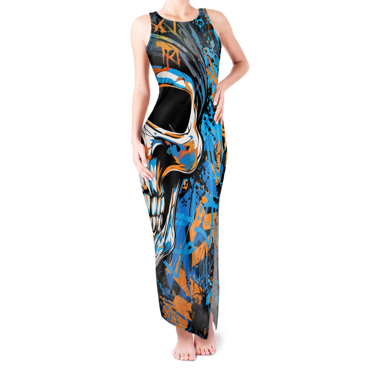 Grafity Skull Tank Maxi Dress Street Style Skull Colorful Abstract Art - Wonder Print Shop