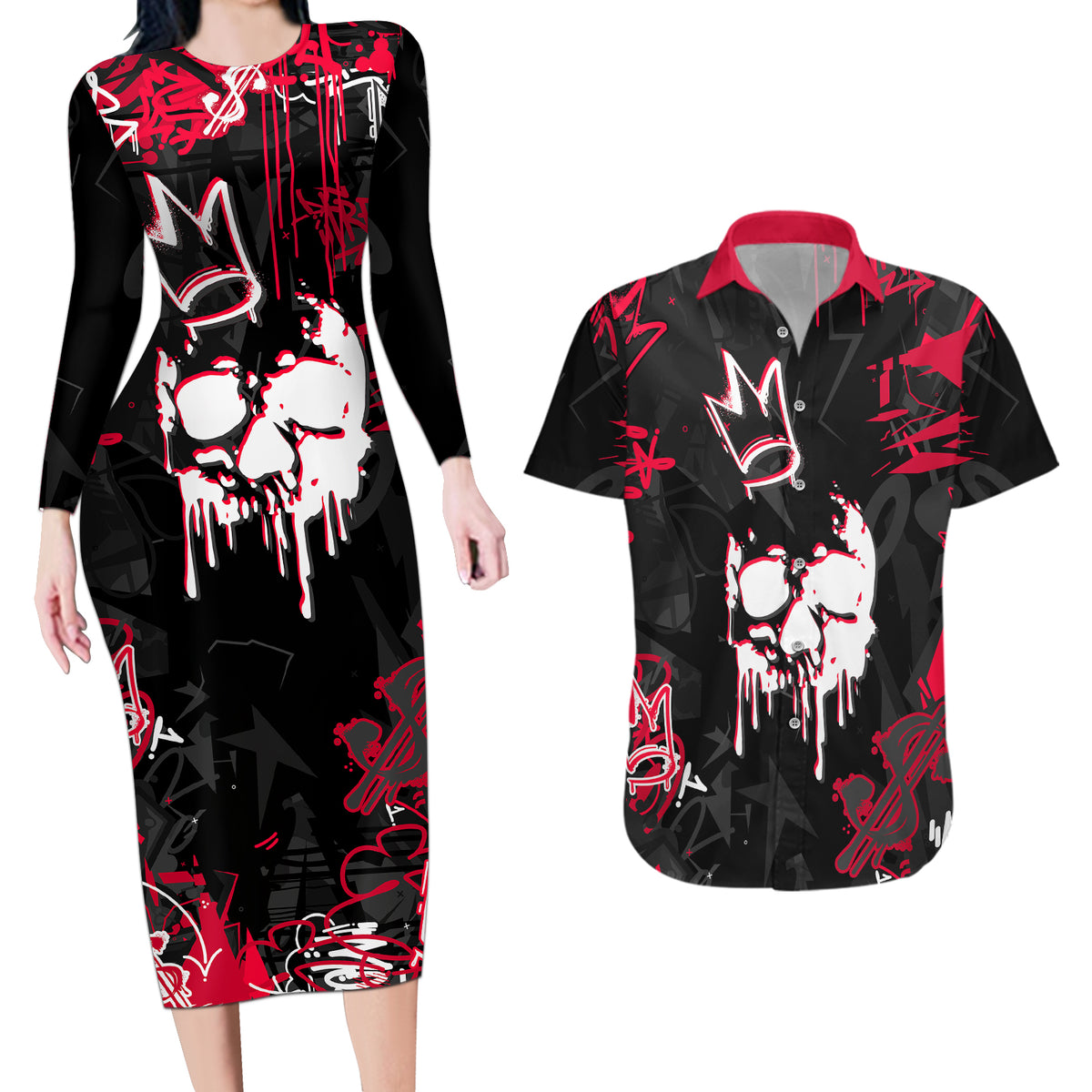 Skull Pattern Couples Matching Long Sleeve Bodycon Dress and Hawaiian Shirt The Time Is Aways Right To Do What Is Right - Wonder Print Shop