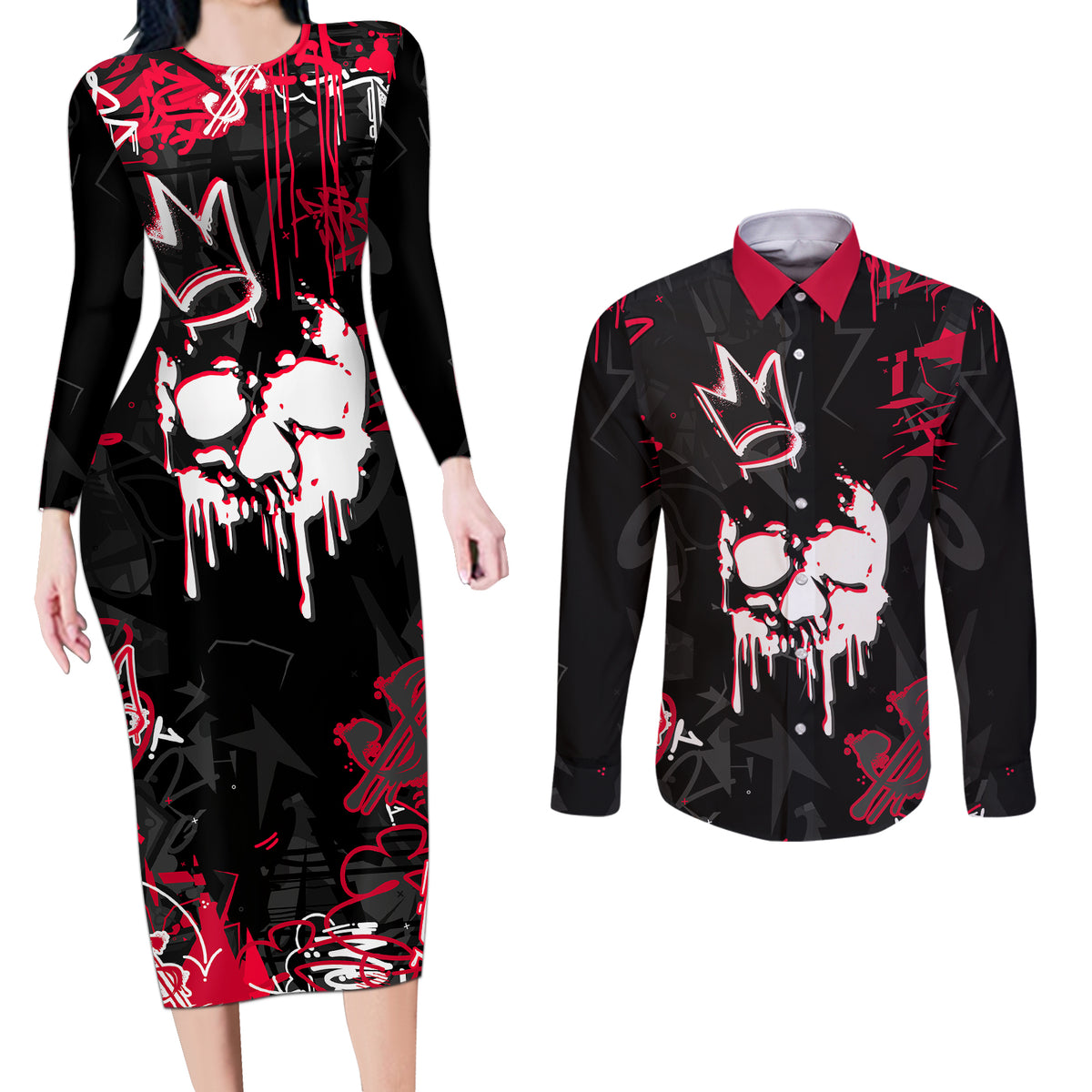 Skull Pattern Couples Matching Long Sleeve Bodycon Dress and Long Sleeve Button Shirts The Time Is Aways Right To Do What Is Right - Wonder Print Shop
