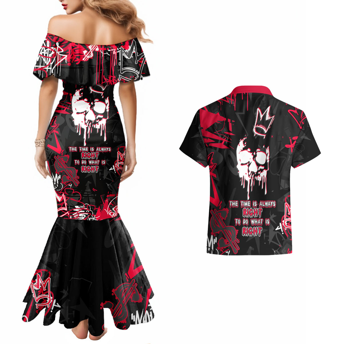 Skull Pattern Couples Matching Mermaid Dress and Hawaiian Shirt The Time Is Aways Right To Do What Is Right - Wonder Print Shop