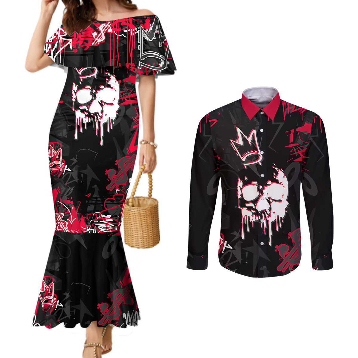 skull-pattern-couples-matching-mermaid-dress-and-long-sleeve-button-shirts-the-time-is-aways-right-to-do-what-is-right
