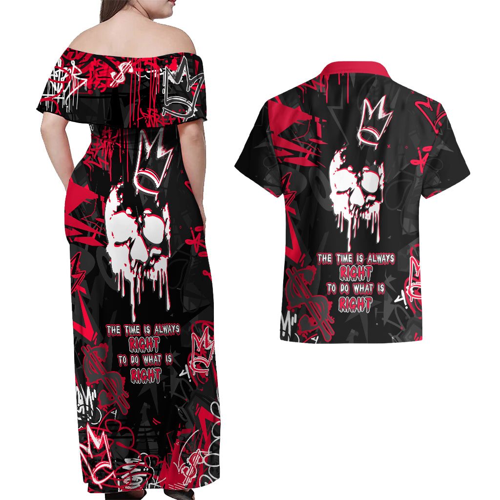 Skull Pattern Couples Matching Off Shoulder Maxi Dress and Hawaiian Shirt The Time Is Aways Right To Do What Is Right - Wonder Print Shop