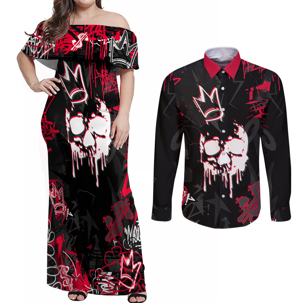 Skull Pattern Couples Matching Off Shoulder Maxi Dress and Long Sleeve Button Shirts The Time Is Aways Right To Do What Is Right - Wonder Print Shop