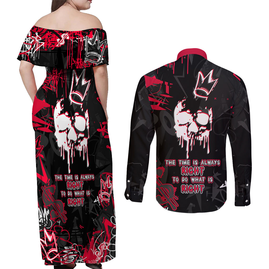 Skull Pattern Couples Matching Off Shoulder Maxi Dress and Long Sleeve Button Shirts The Time Is Aways Right To Do What Is Right - Wonder Print Shop