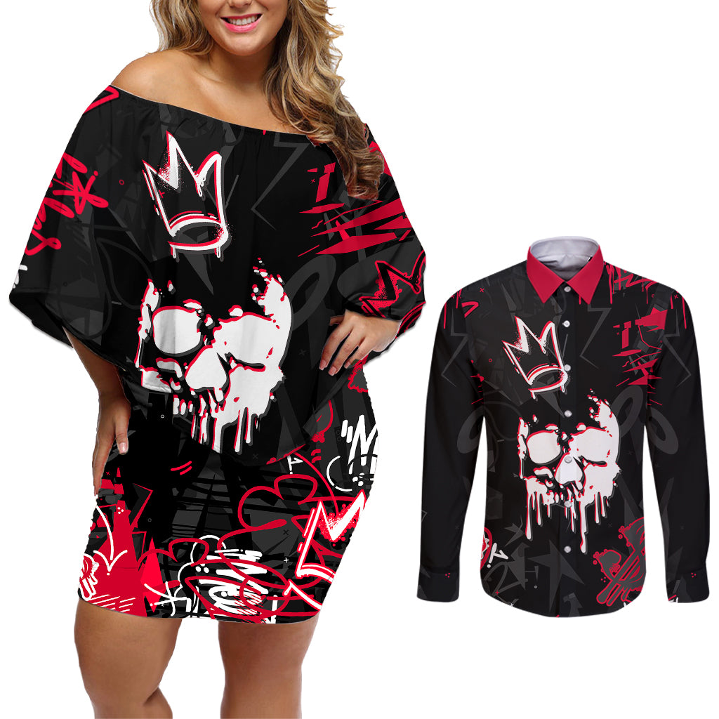 Skull Pattern Couples Matching Off Shoulder Short Dress and Long Sleeve Button Shirts The Time Is Aways Right To Do What Is Right - Wonder Print Shop