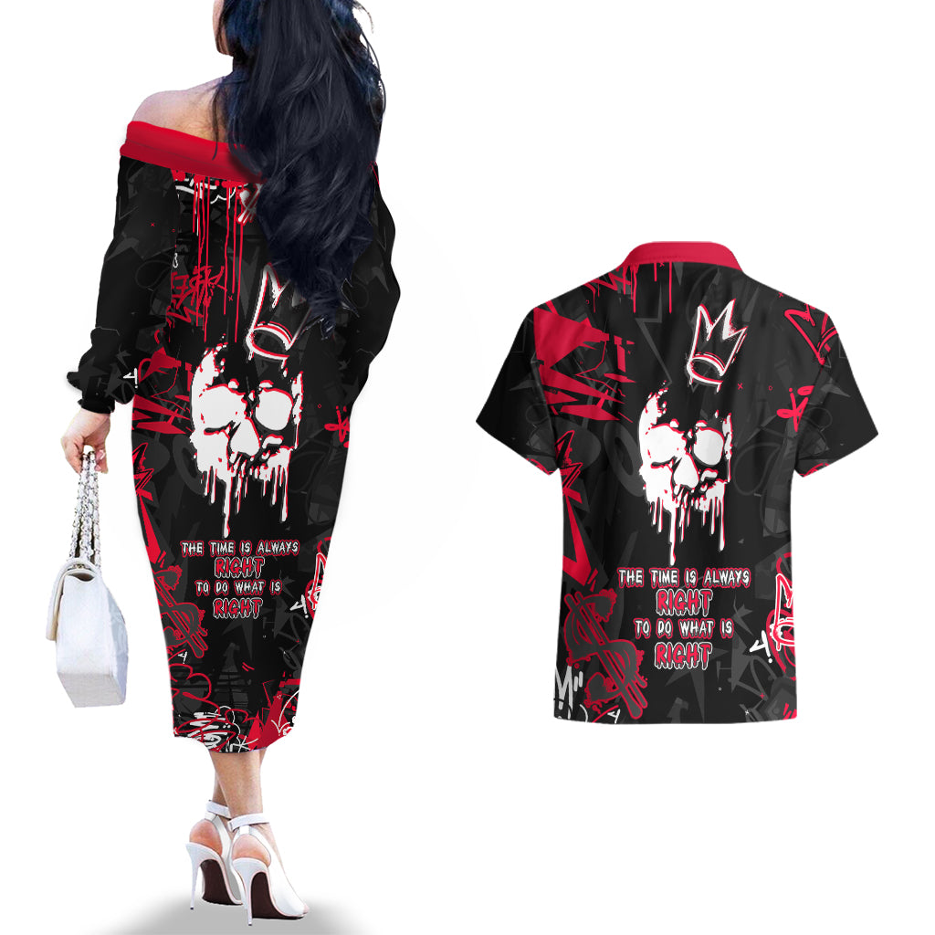 Skull Pattern Couples Matching Off The Shoulder Long Sleeve Dress and Hawaiian Shirt The Time Is Aways Right To Do What Is Right - Wonder Print Shop