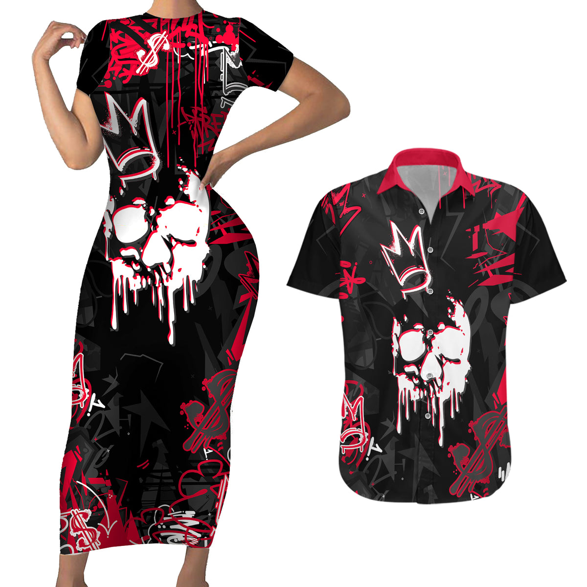 Skull Pattern Couples Matching Short Sleeve Bodycon Dress and Hawaiian Shirt The Time Is Aways Right To Do What Is Right - Wonder Print Shop