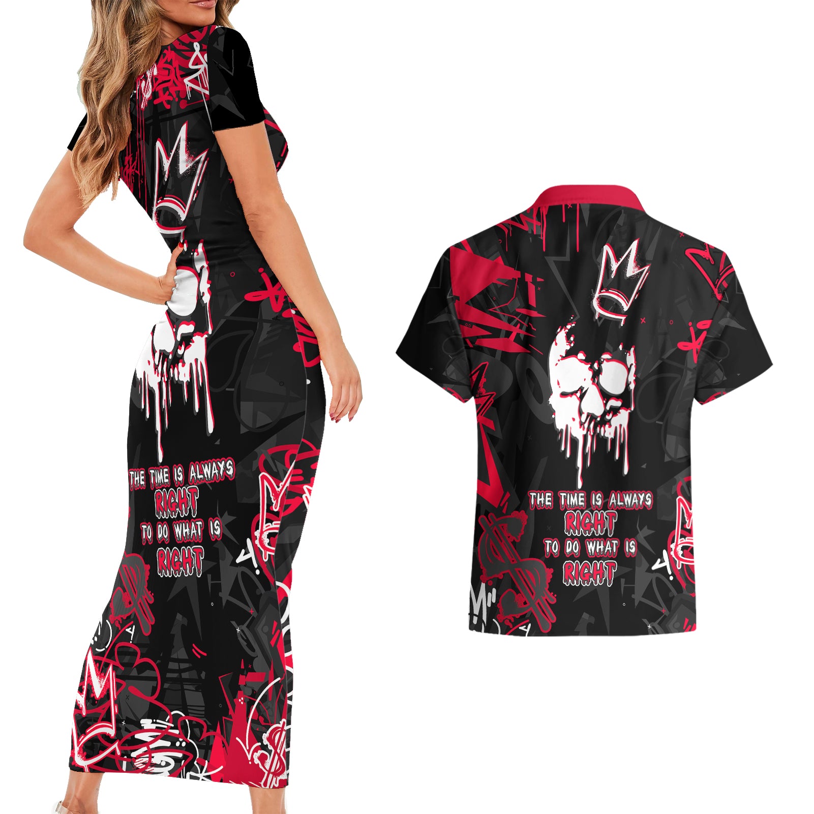 Skull Pattern Couples Matching Short Sleeve Bodycon Dress and Hawaiian Shirt The Time Is Aways Right To Do What Is Right - Wonder Print Shop