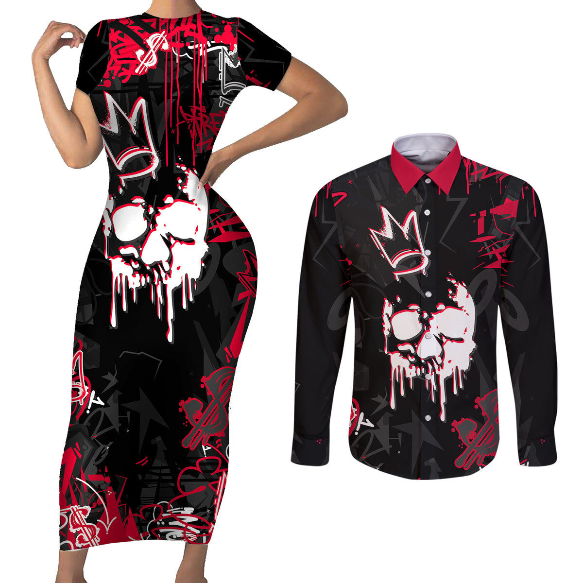 Skull Pattern Couples Matching Short Sleeve Bodycon Dress and Long Sleeve Button Shirts The Time Is Aways Right To Do What Is Right - Wonder Print Shop