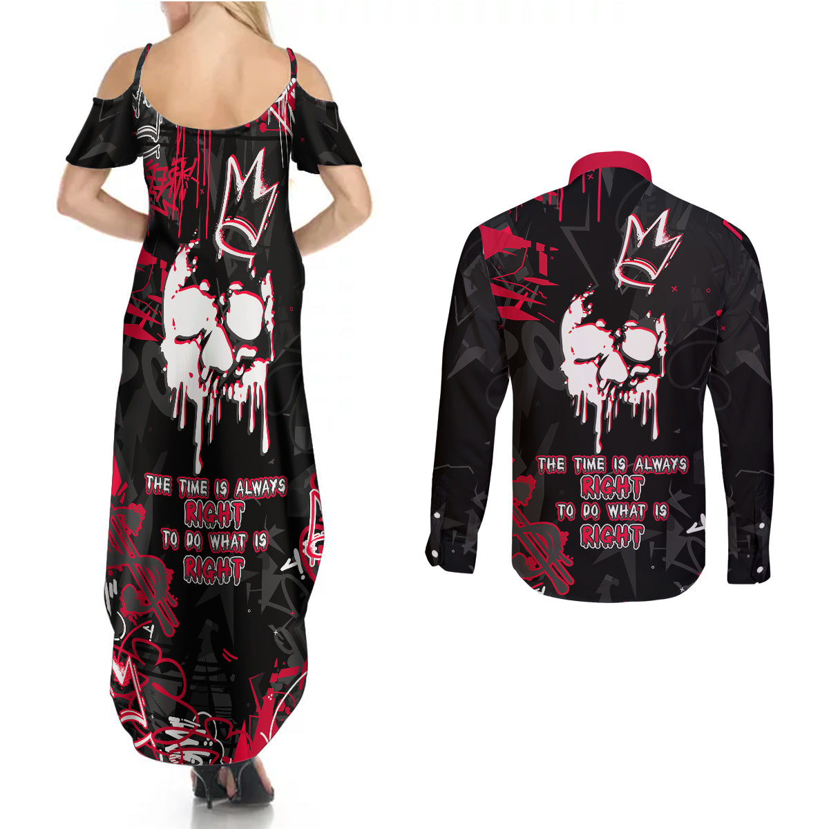Skull Pattern Couples Matching Summer Maxi Dress and Long Sleeve Button Shirts The Time Is Aways Right To Do What Is Right - Wonder Print Shop