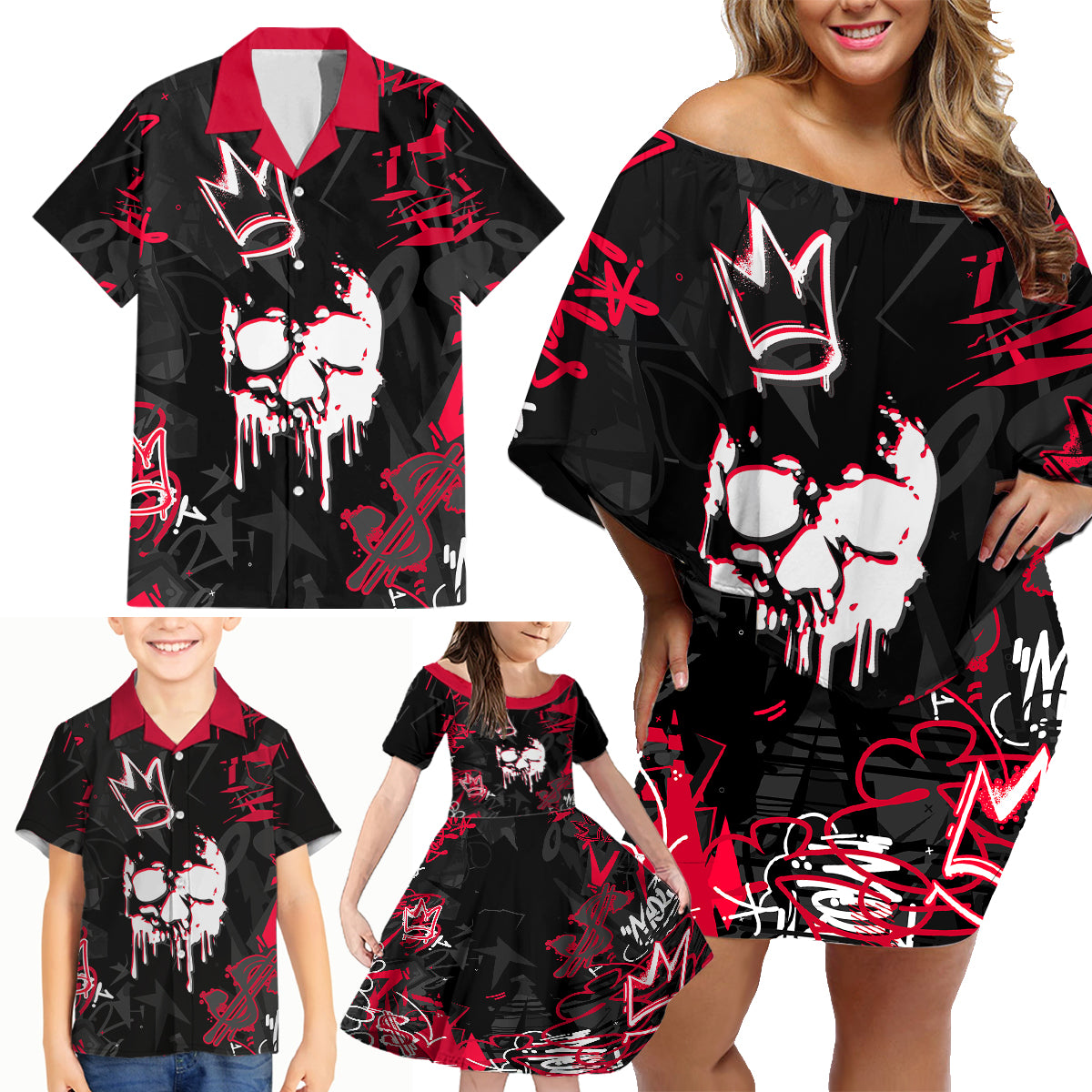 Skull Pattern Family Matching Off Shoulder Short Dress and Hawaiian Shirt The Time Is Aways Right To Do What Is Right - Wonder Print Shop
