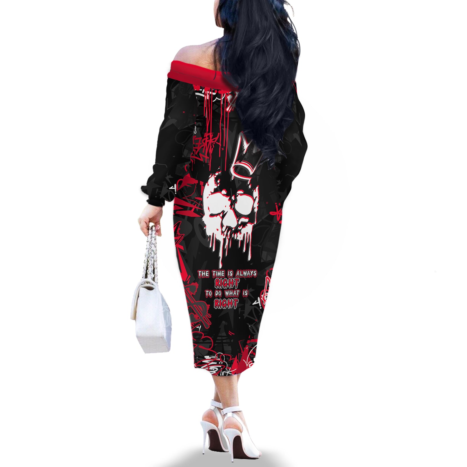 Skull Pattern Off The Shoulder Long Sleeve Dress The Time Is Aways Right To Do What Is Right - Wonder Print Shop