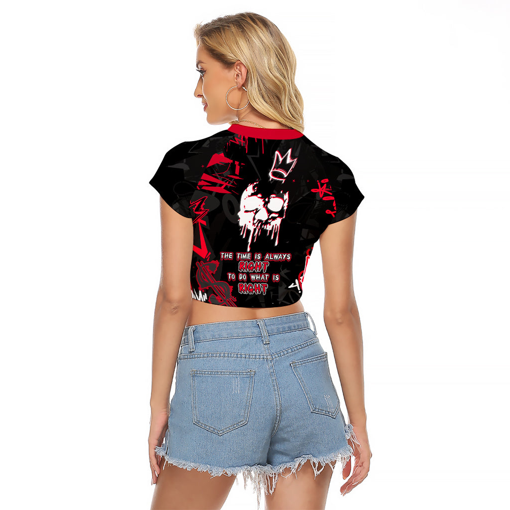 Skull Pattern Raglan Cropped T Shirt The Time Is Aways Right To Do What Is Right - Wonder Print Shop
