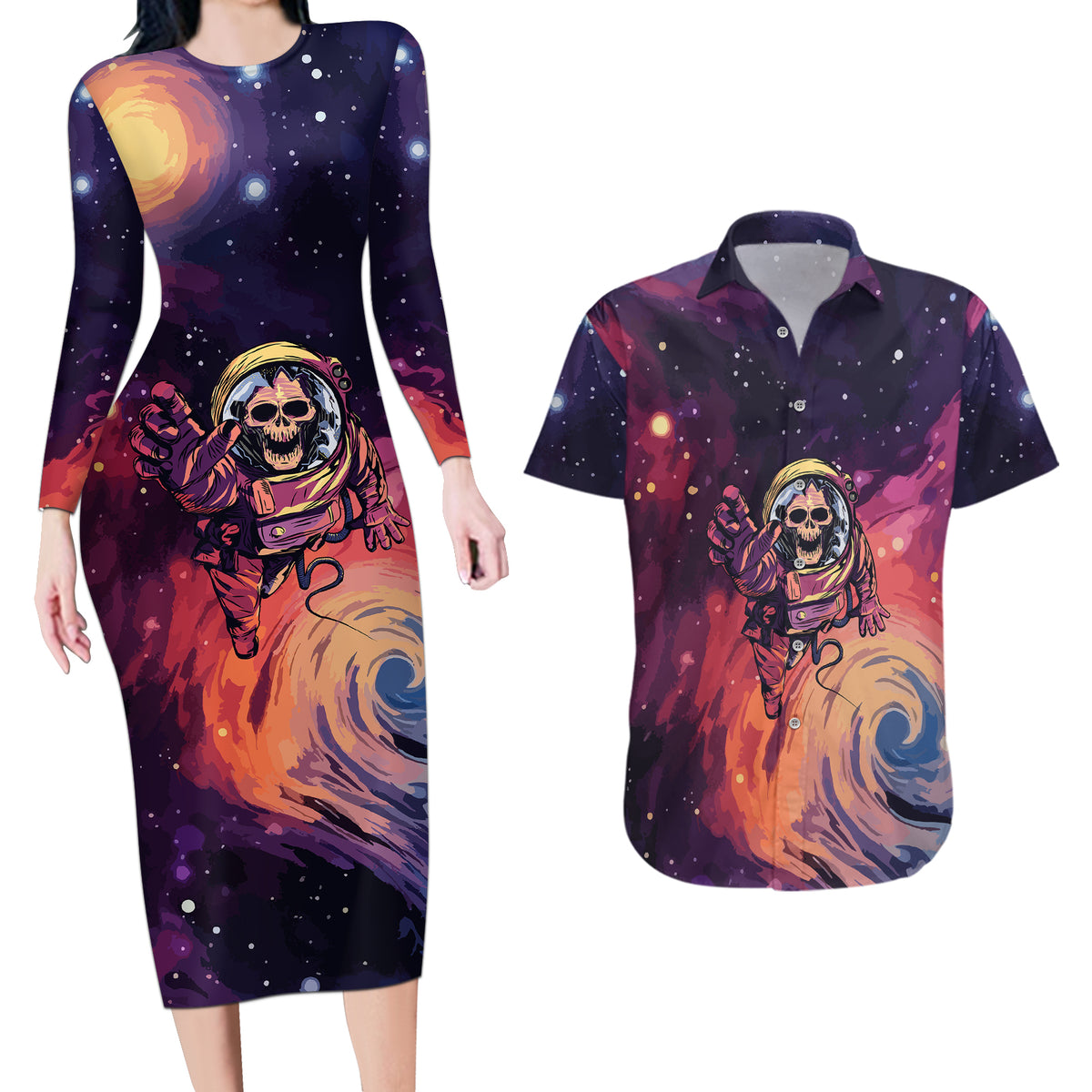 Skull Couples Matching Long Sleeve Bodycon Dress and Hawaiian Shirt I Need More Space Cosmic Style - Wonder Print Shop