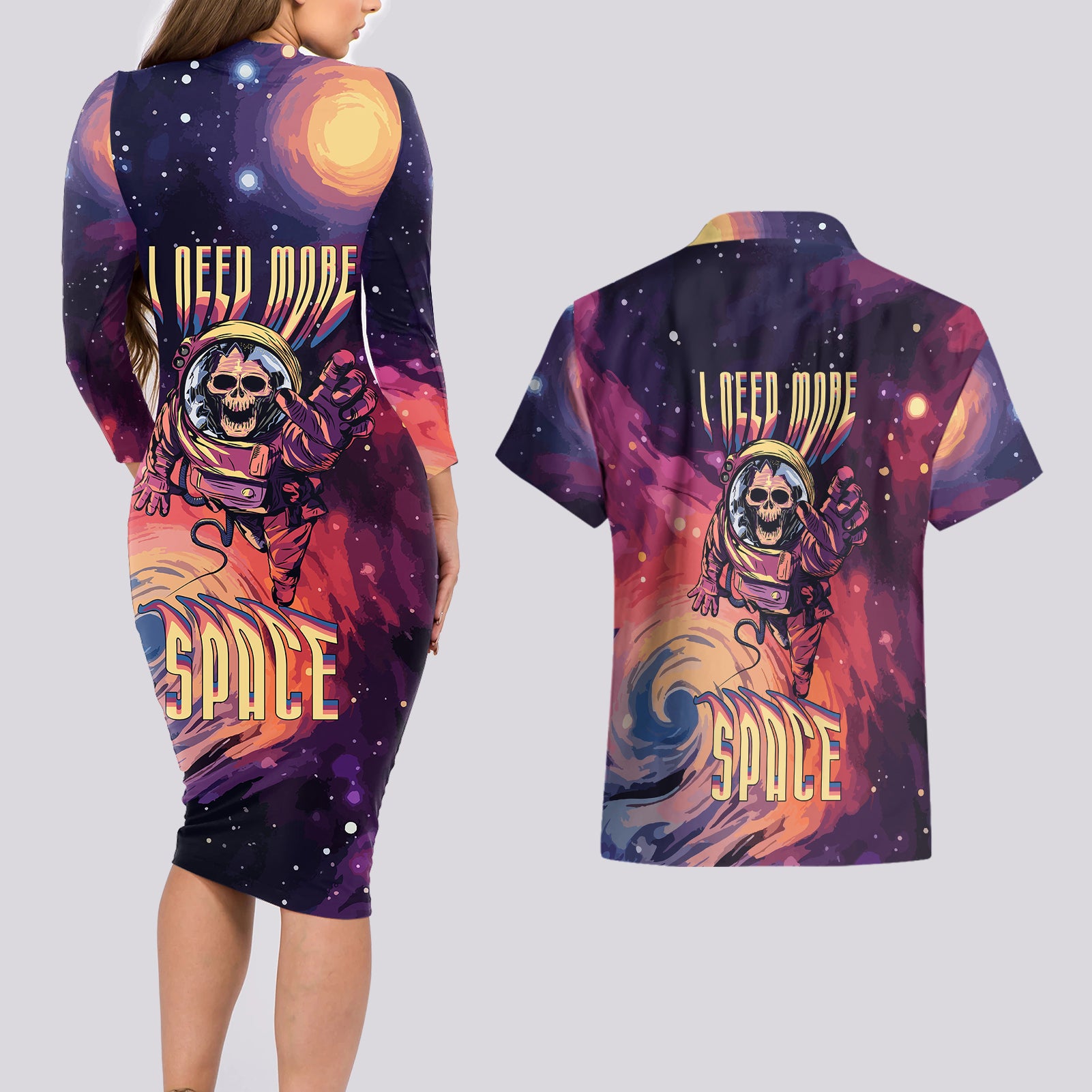 Skull Couples Matching Long Sleeve Bodycon Dress and Hawaiian Shirt I Need More Space Cosmic Style - Wonder Print Shop