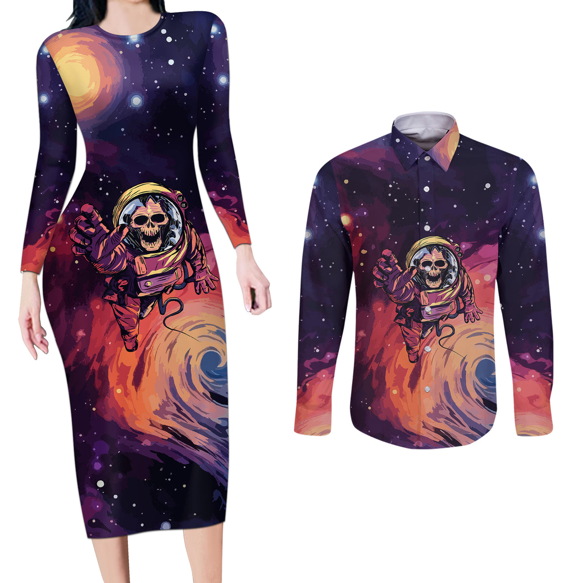 Skull Couples Matching Long Sleeve Bodycon Dress and Long Sleeve Button Shirts I Need More Space Cosmic Style - Wonder Print Shop