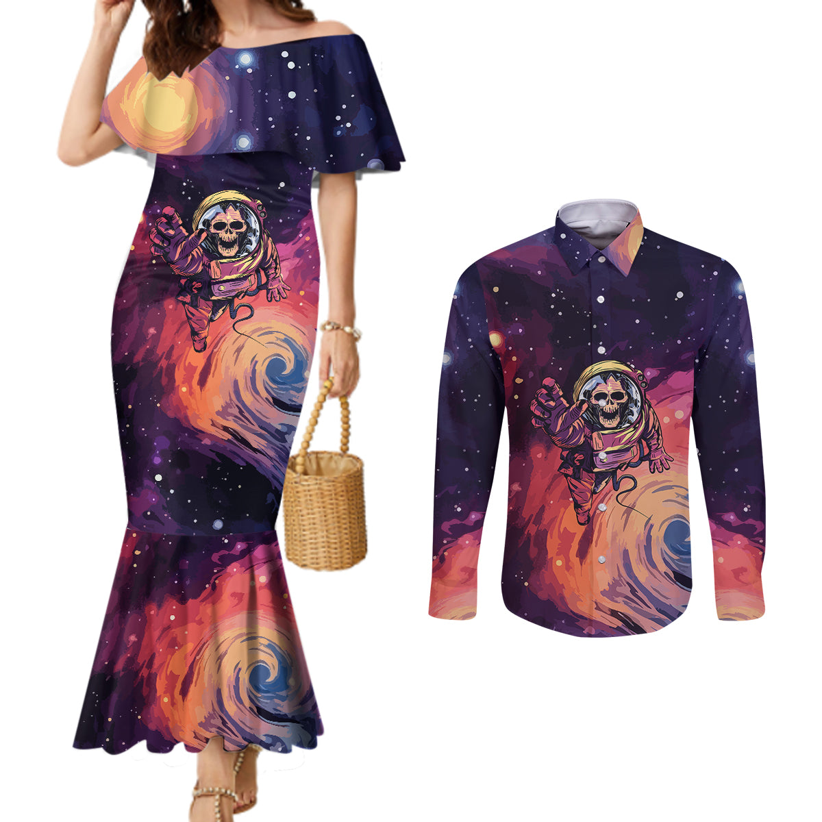 skull-couples-matching-mermaid-dress-and-long-sleeve-button-shirts-i-need-more-space-cosmic-style
