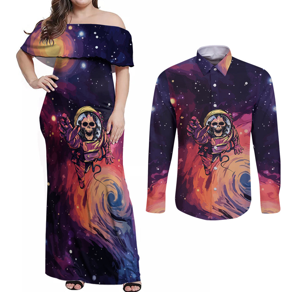Skull Couples Matching Off Shoulder Maxi Dress and Long Sleeve Button Shirts I Need More Space Cosmic Style - Wonder Print Shop