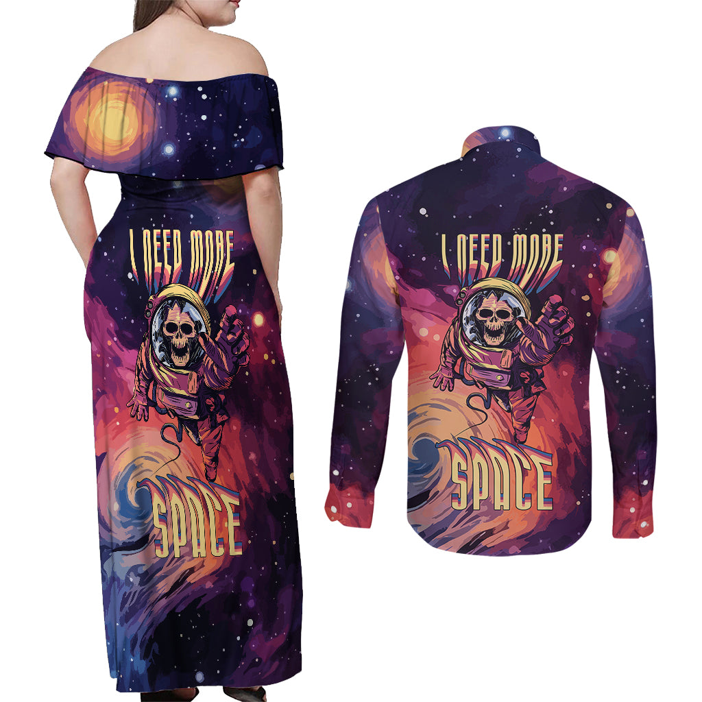 Skull Couples Matching Off Shoulder Maxi Dress and Long Sleeve Button Shirts I Need More Space Cosmic Style - Wonder Print Shop