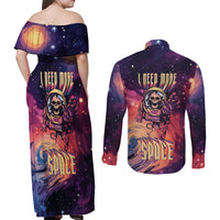 Skull Couples Matching Off Shoulder Maxi Dress and Long Sleeve Button Shirts I Need More Space Cosmic Style - Wonder Print Shop