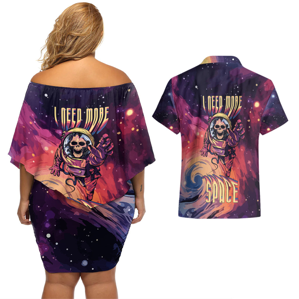 Skull Couples Matching Off Shoulder Short Dress and Hawaiian Shirt I Need More Space Cosmic Style - Wonder Print Shop