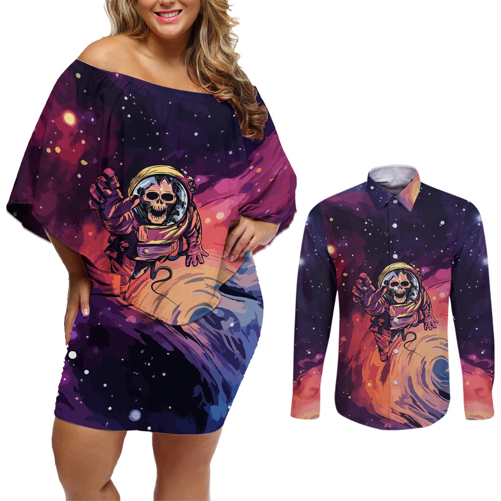 Skull Couples Matching Off Shoulder Short Dress and Long Sleeve Button Shirts I Need More Space Cosmic Style - Wonder Print Shop
