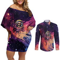 Skull Couples Matching Off Shoulder Short Dress and Long Sleeve Button Shirts I Need More Space Cosmic Style - Wonder Print Shop