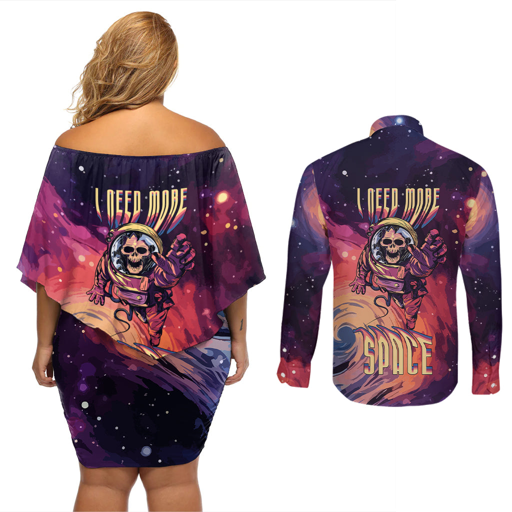 Skull Couples Matching Off Shoulder Short Dress and Long Sleeve Button Shirts I Need More Space Cosmic Style - Wonder Print Shop