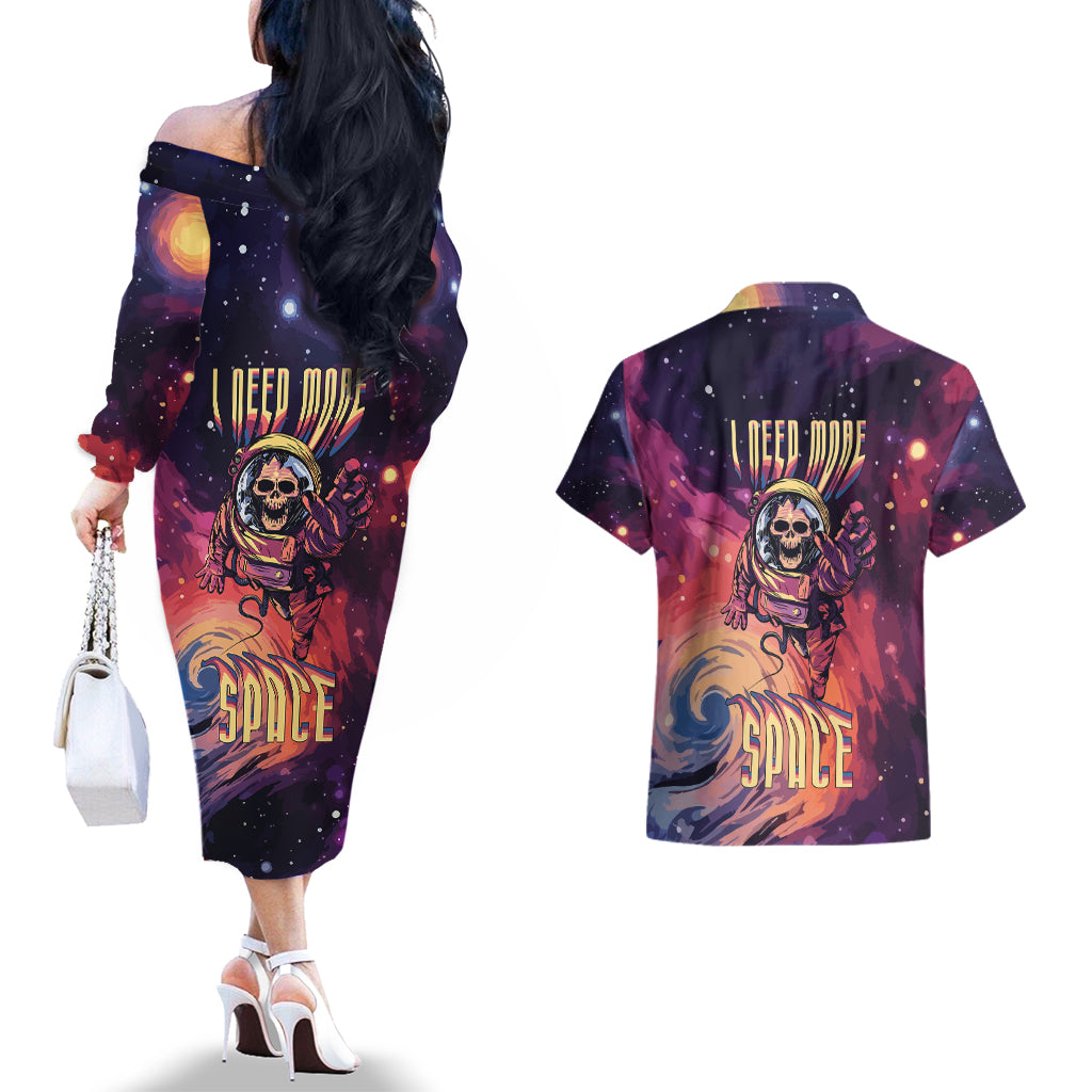 Skull Couples Matching Off The Shoulder Long Sleeve Dress and Hawaiian Shirt I Need More Space Cosmic Style - Wonder Print Shop