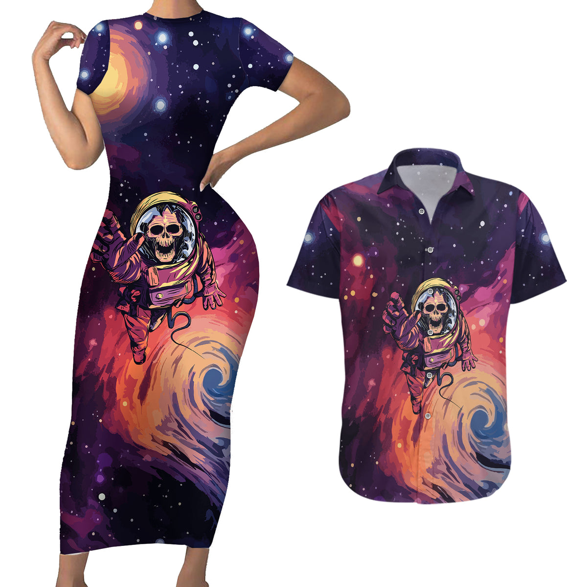 Skull Couples Matching Short Sleeve Bodycon Dress and Hawaiian Shirt I Need More Space Cosmic Style - Wonder Print Shop