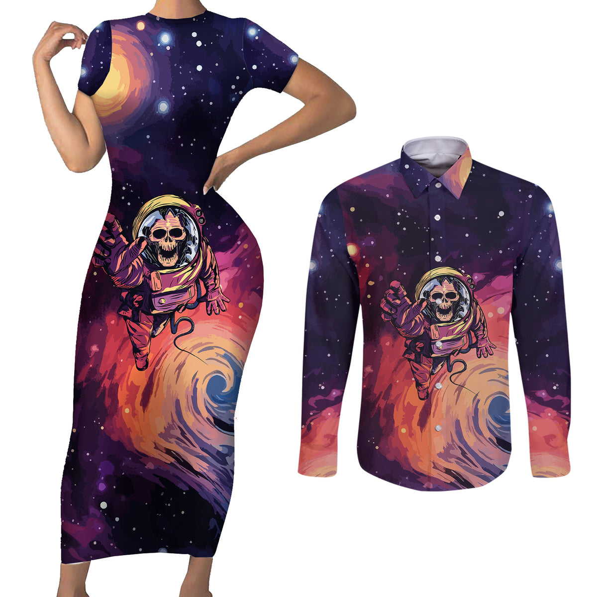 Skull Couples Matching Short Sleeve Bodycon Dress and Long Sleeve Button Shirts I Need More Space Cosmic Style - Wonder Print Shop