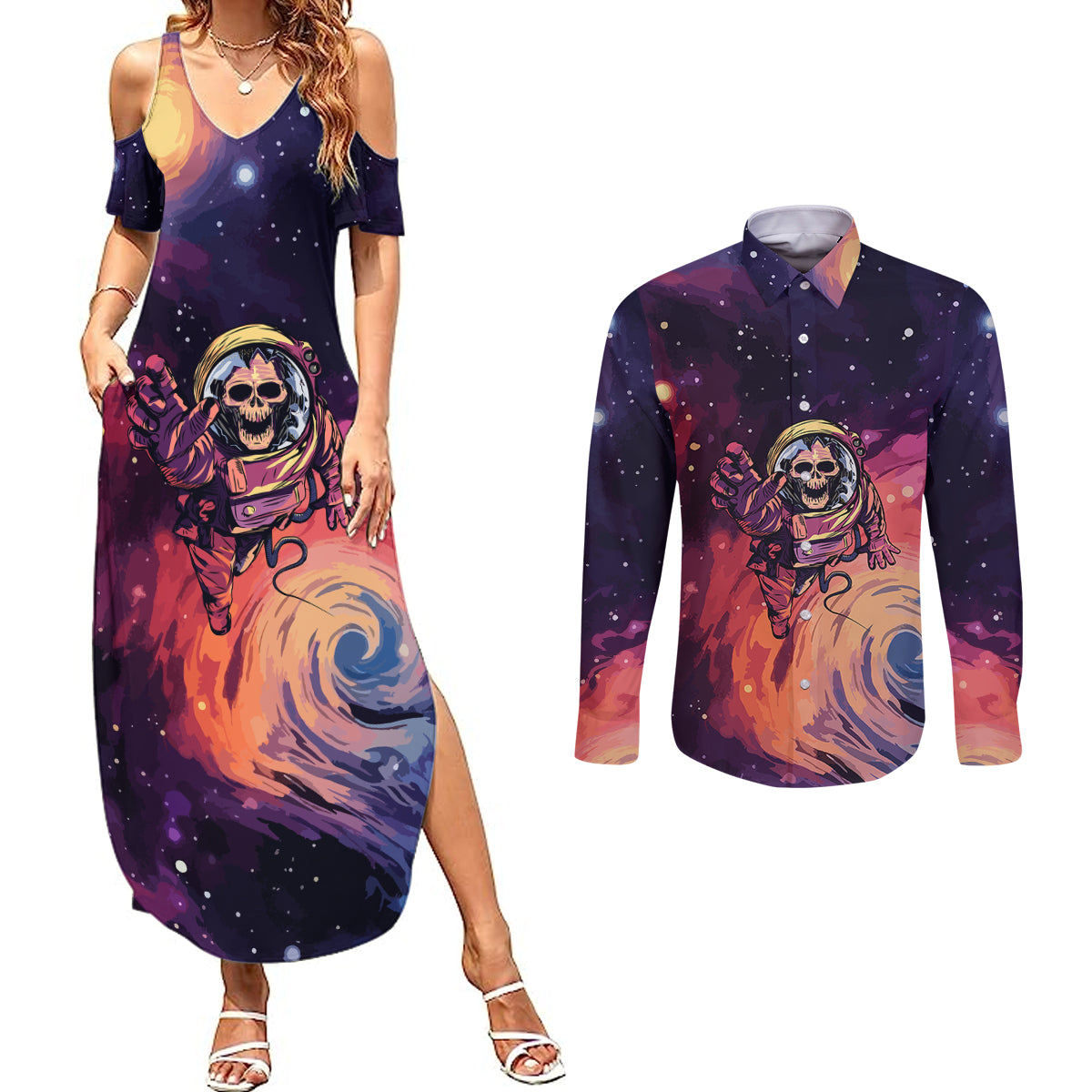 Skull Couples Matching Summer Maxi Dress and Long Sleeve Button Shirts I Need More Space Cosmic Style - Wonder Print Shop