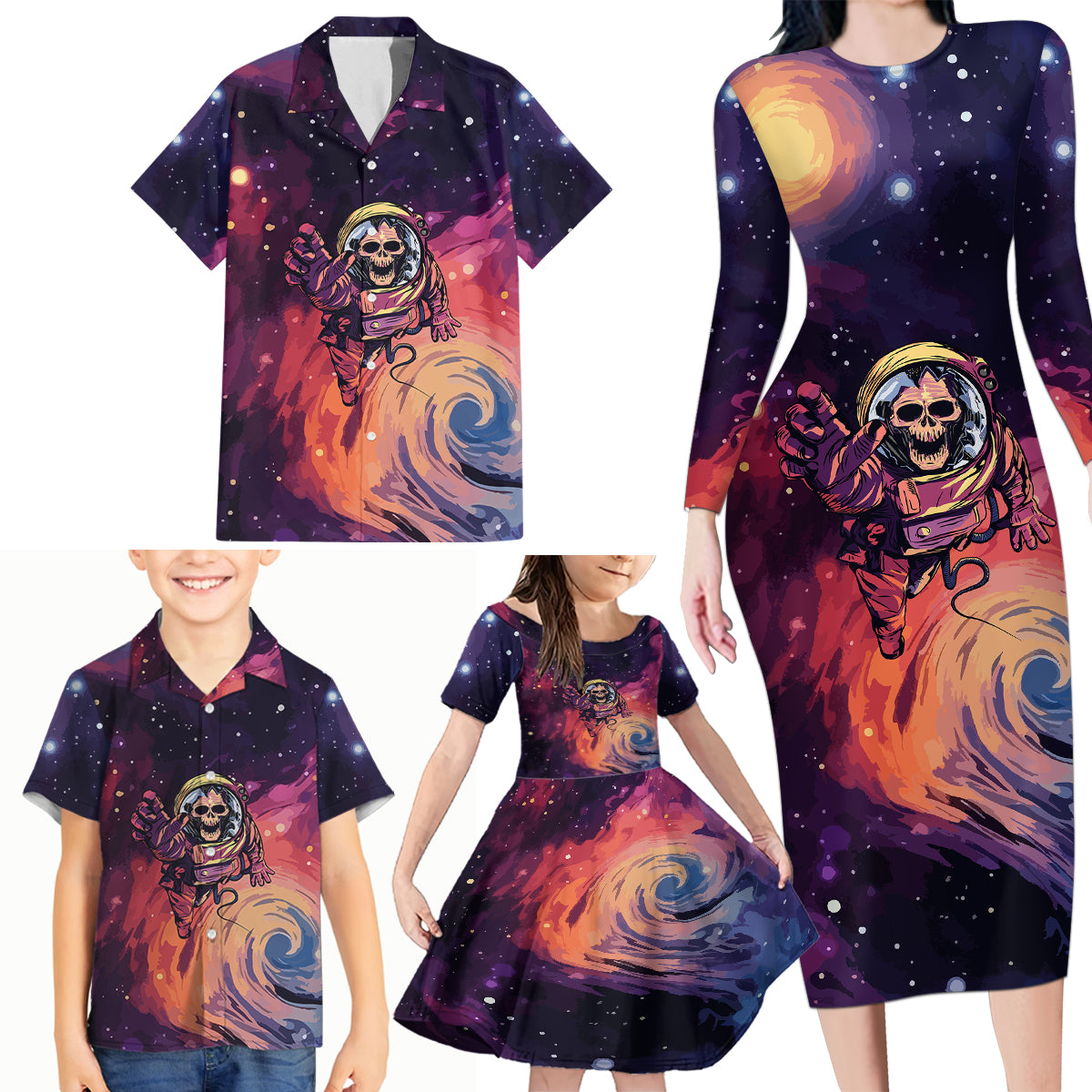 Skull Family Matching Long Sleeve Bodycon Dress and Hawaiian Shirt I Need More Space Cosmic Style - Wonder Print Shop
