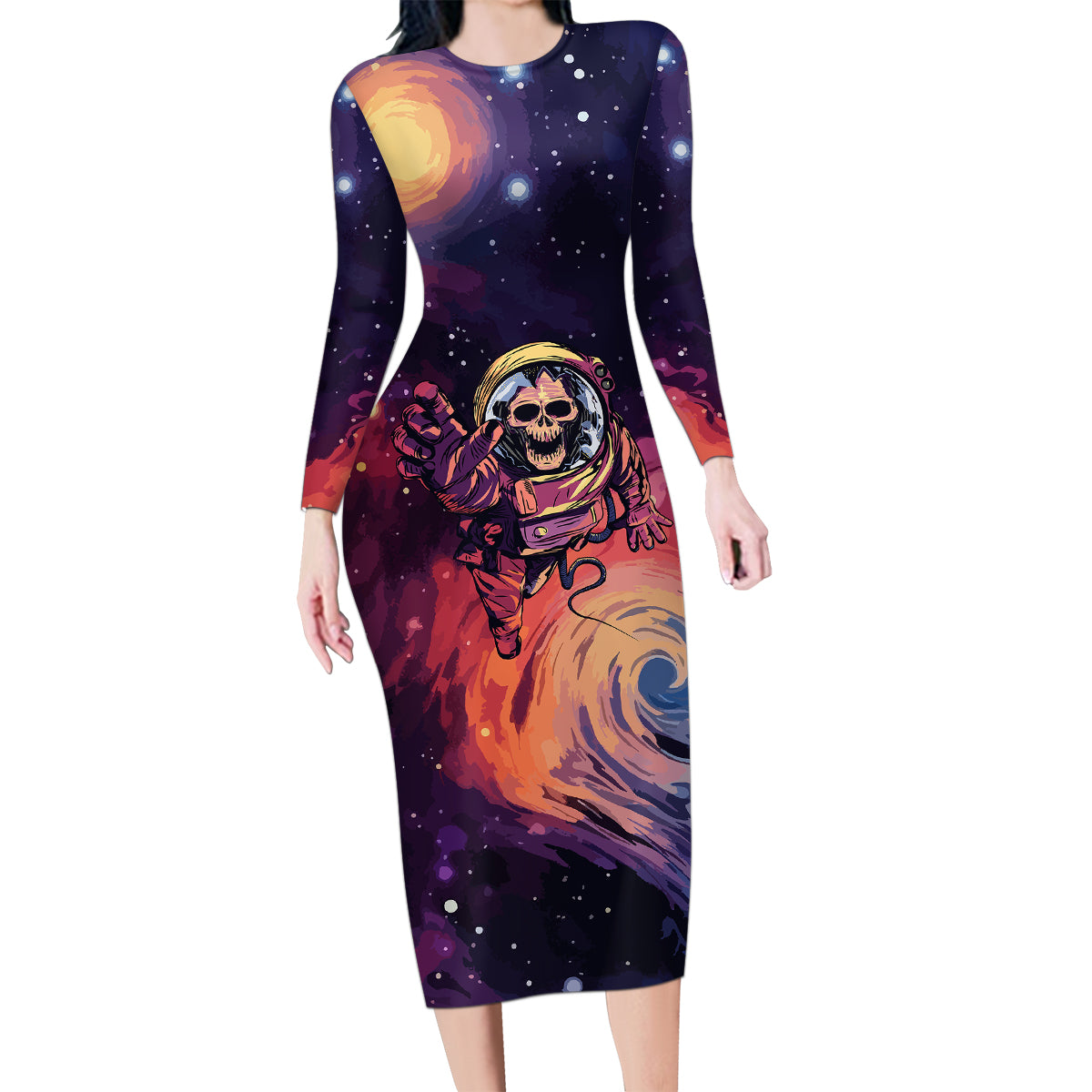 Skull Family Matching Long Sleeve Bodycon Dress and Hawaiian Shirt I Need More Space Cosmic Style - Wonder Print Shop