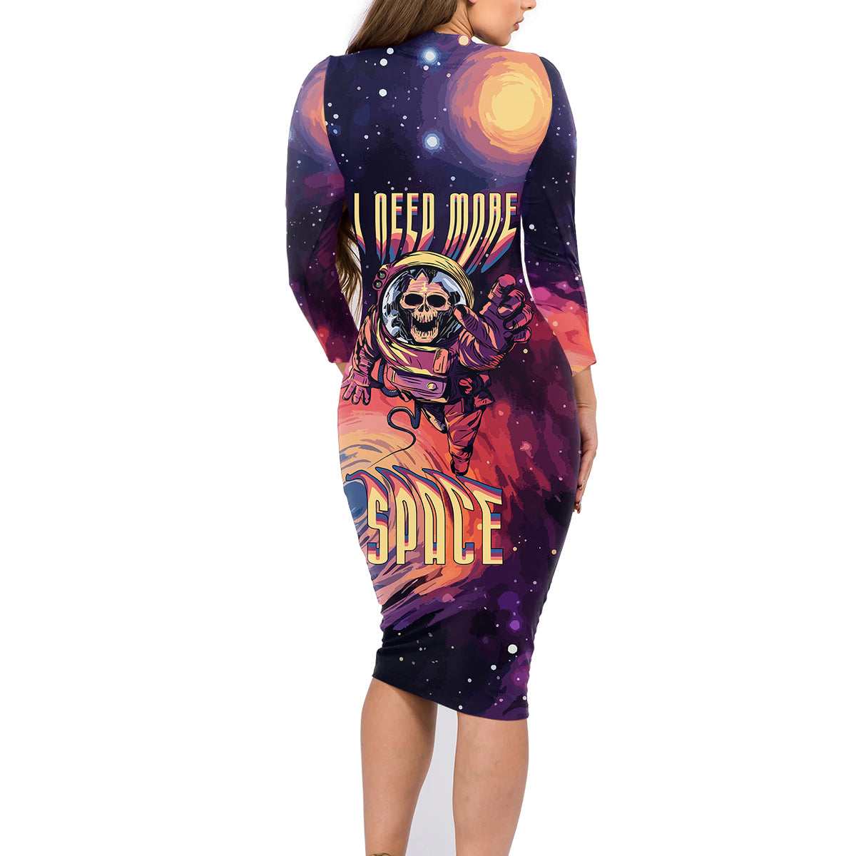 Skull Family Matching Long Sleeve Bodycon Dress and Hawaiian Shirt I Need More Space Cosmic Style - Wonder Print Shop
