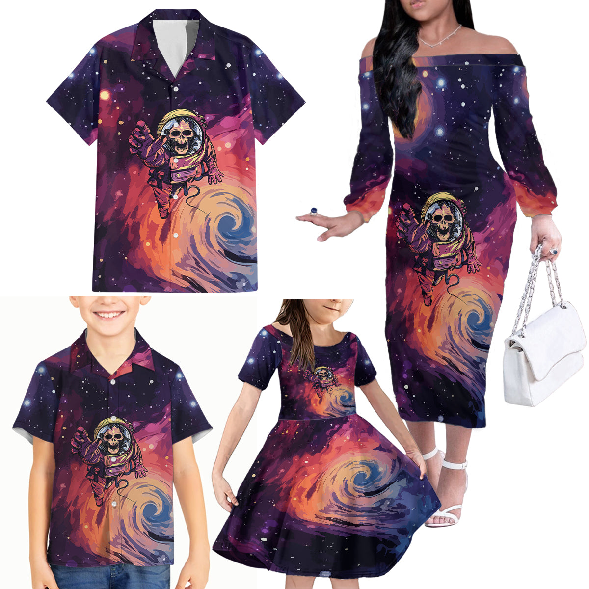 Skull Family Matching Off Shoulder Long Sleeve Dress and Hawaiian Shirt I Need More Space Cosmic Style - Wonder Print Shop