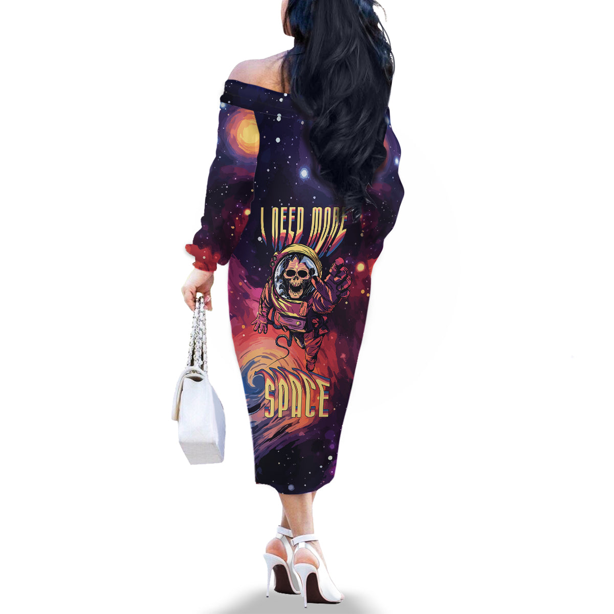 Skull Family Matching Off Shoulder Long Sleeve Dress and Hawaiian Shirt I Need More Space Cosmic Style - Wonder Print Shop