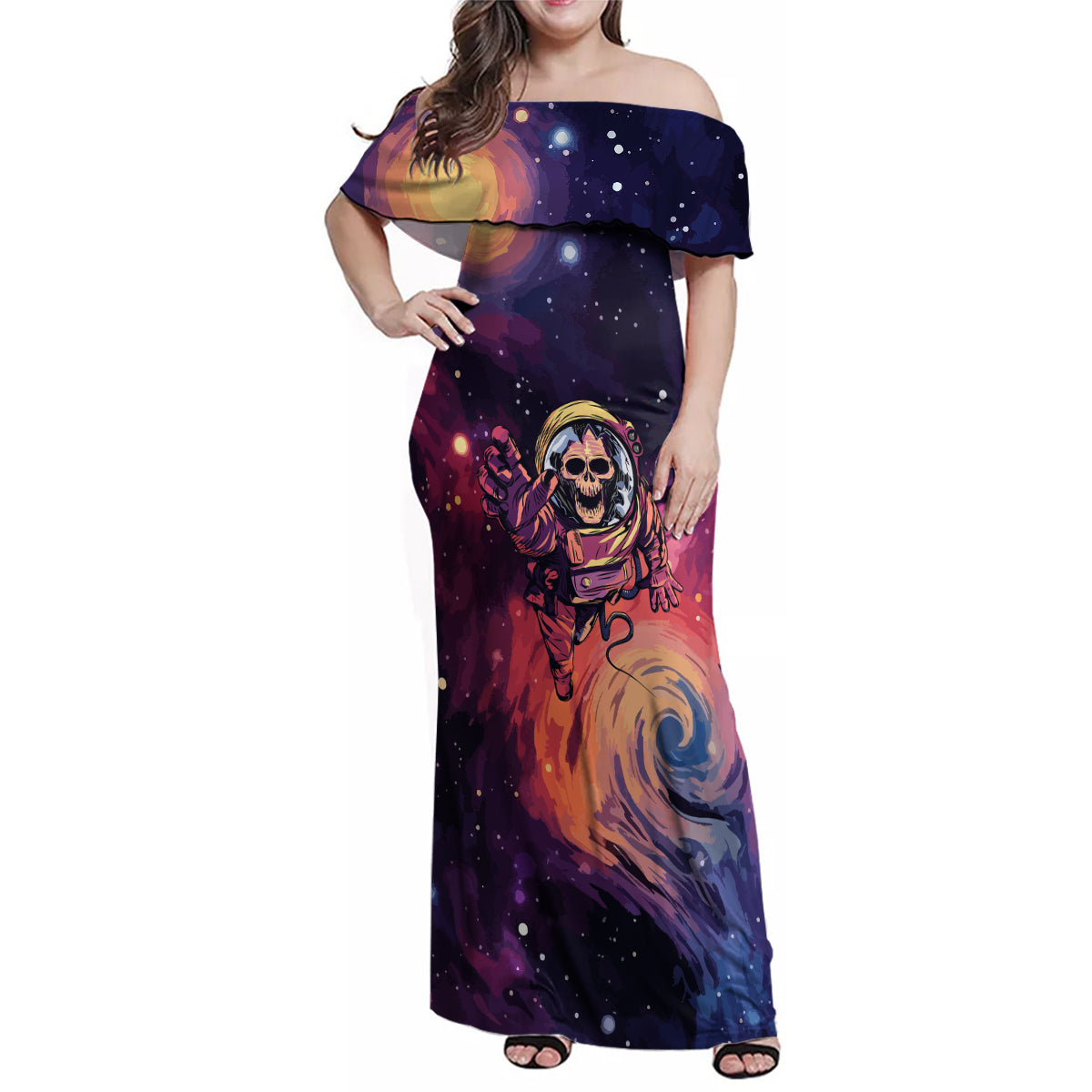 Skull Family Matching Off Shoulder Maxi Dress and Hawaiian Shirt I Need More Space Cosmic Style - Wonder Print Shop