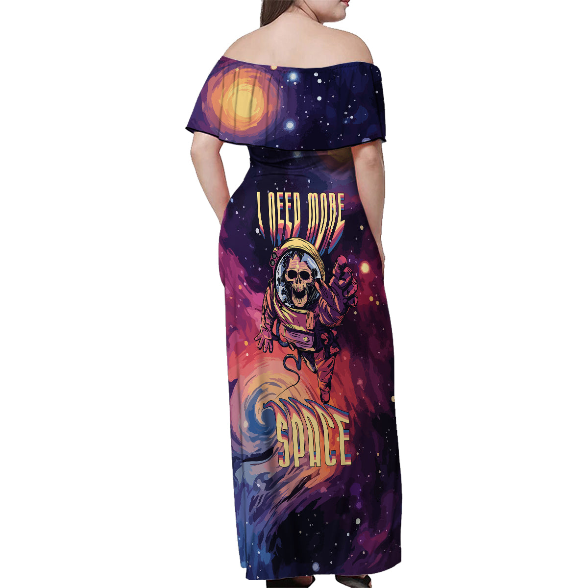 Skull Family Matching Off Shoulder Maxi Dress and Hawaiian Shirt I Need More Space Cosmic Style - Wonder Print Shop