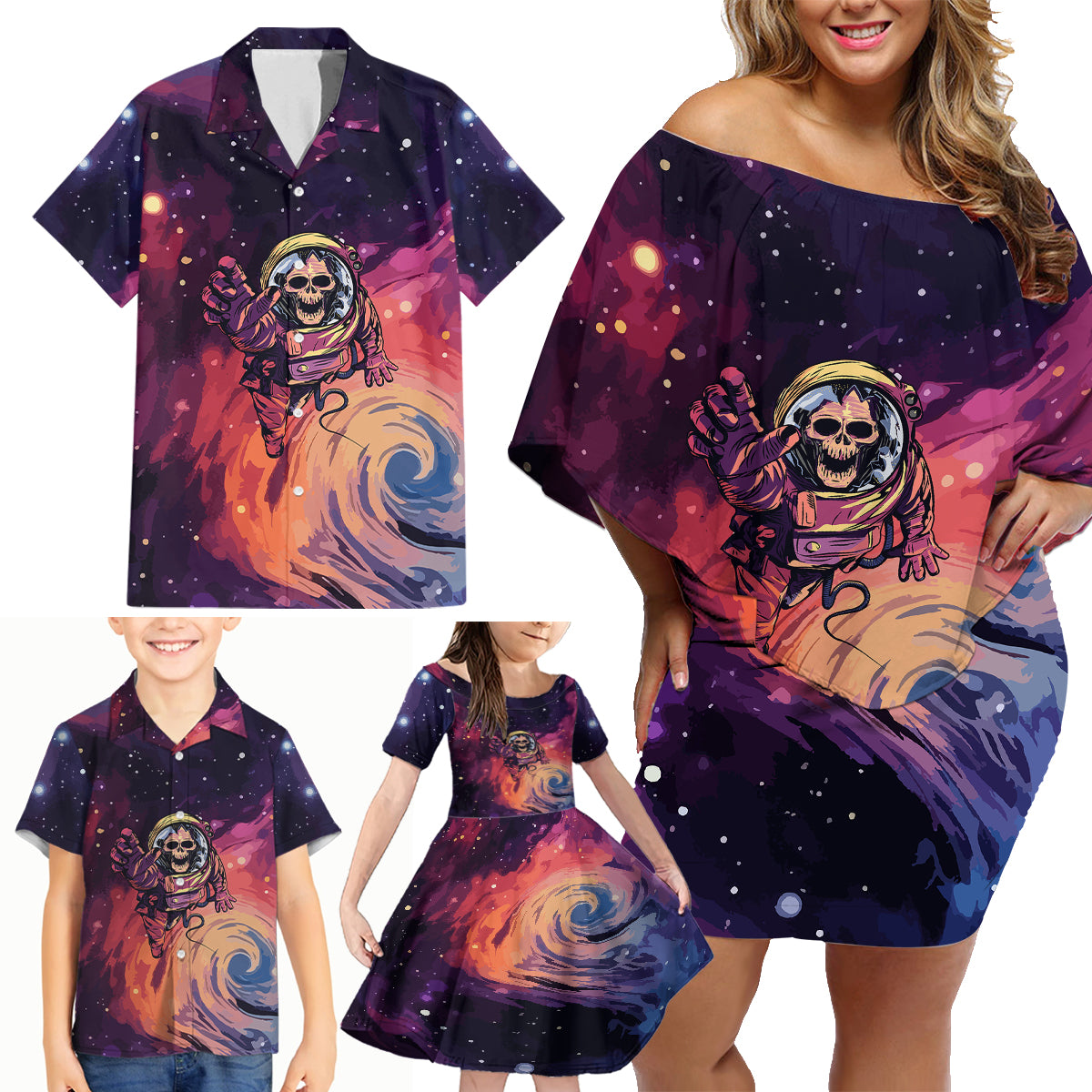 Skull Family Matching Off Shoulder Short Dress and Hawaiian Shirt I Need More Space Cosmic Style - Wonder Print Shop