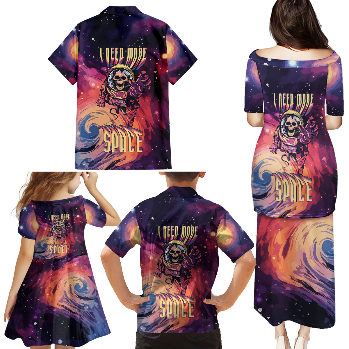 Skull Family Matching Puletasi Dress and Hawaiian Shirt I Need More Space Cosmic Style - Wonder Print Shop