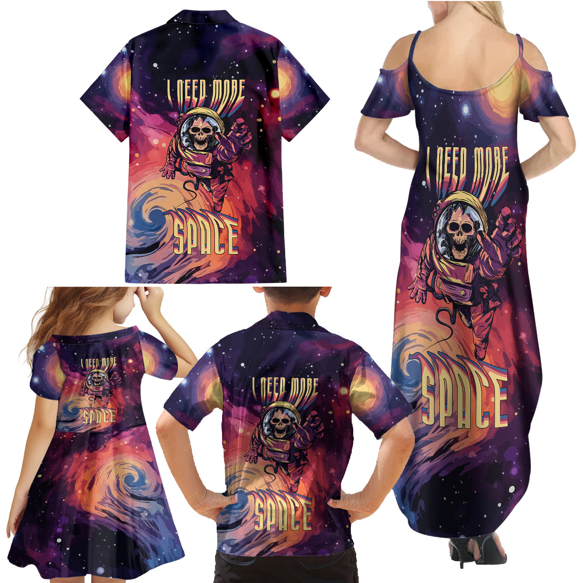 Skull Family Matching Summer Maxi Dress and Hawaiian Shirt I Need More Space Cosmic Style - Wonder Print Shop