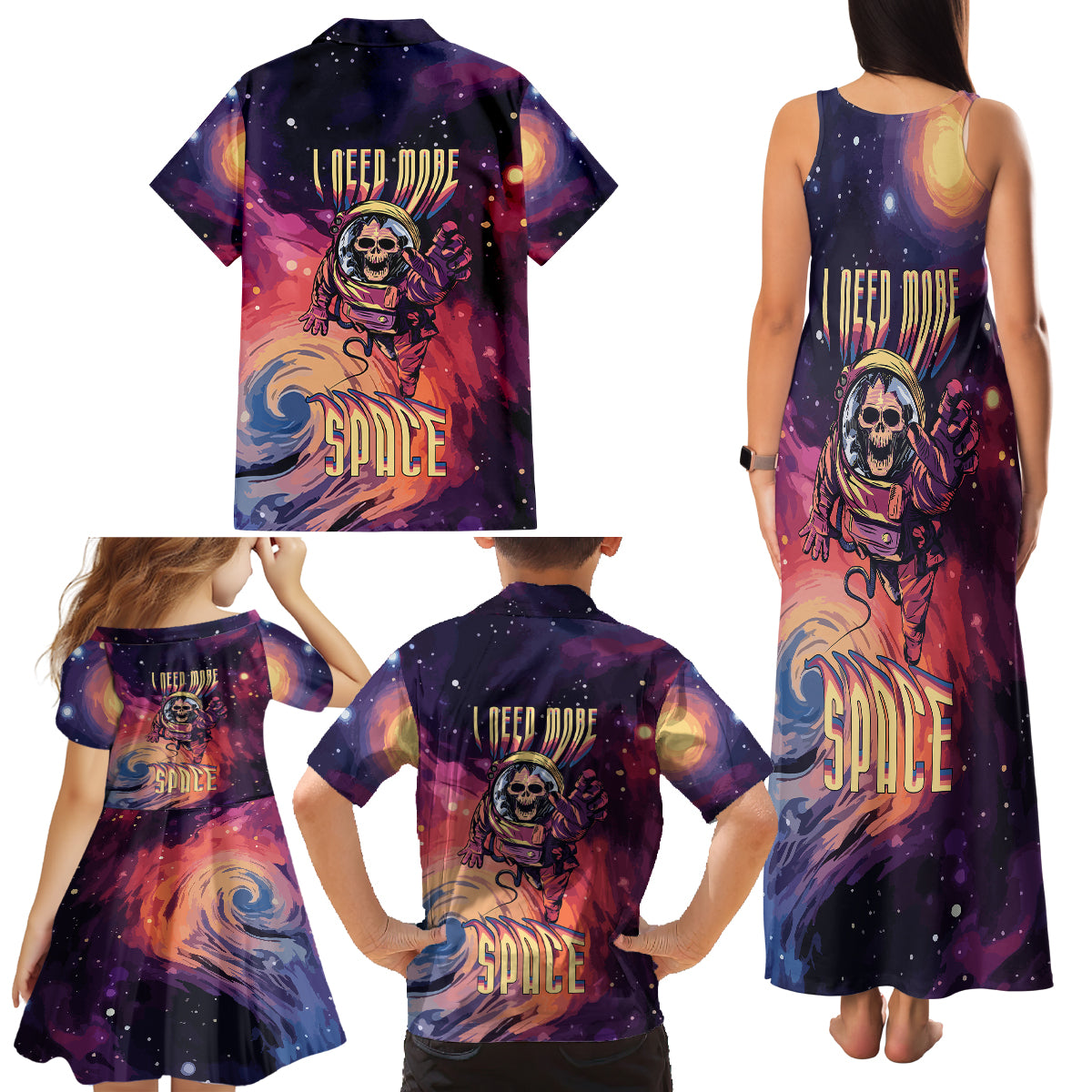 Skull Family Matching Tank Maxi Dress and Hawaiian Shirt I Need More Space Cosmic Style - Wonder Print Shop