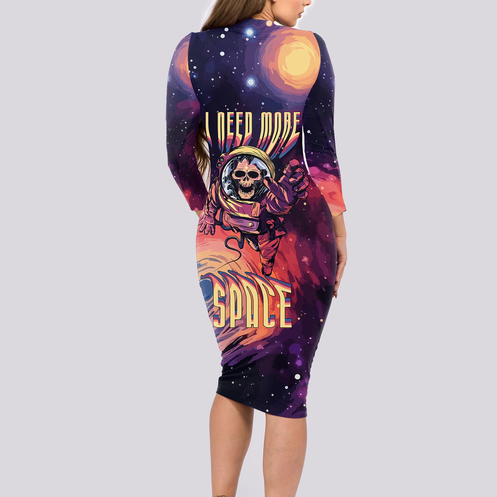 Skull Long Sleeve Bodycon Dress I Need More Space Cosmic Style - Wonder Print Shop